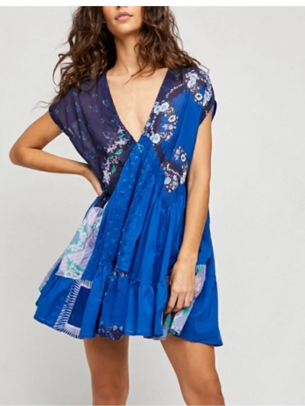 FREE PEOPLE Mended Scarves Patchwork Mini Dress Blue Dark Combo Large MSRP$148